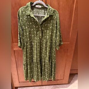 Natural Life Olive Green Floral Tiered Midi Dress | L/XL | Boho Cottagecore